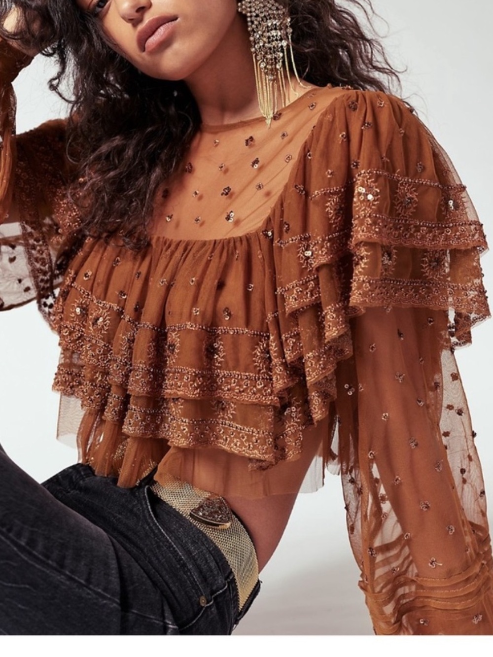 Women’s Sheer Ruffle Sequin Blouse - Brown